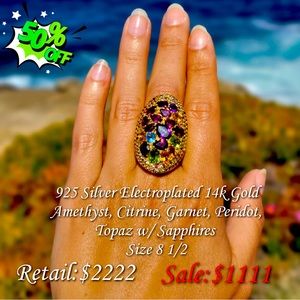 925 Sterling Silver w/ 1K Gold plate ring w/amethyst/sapphire/garnet/peridot